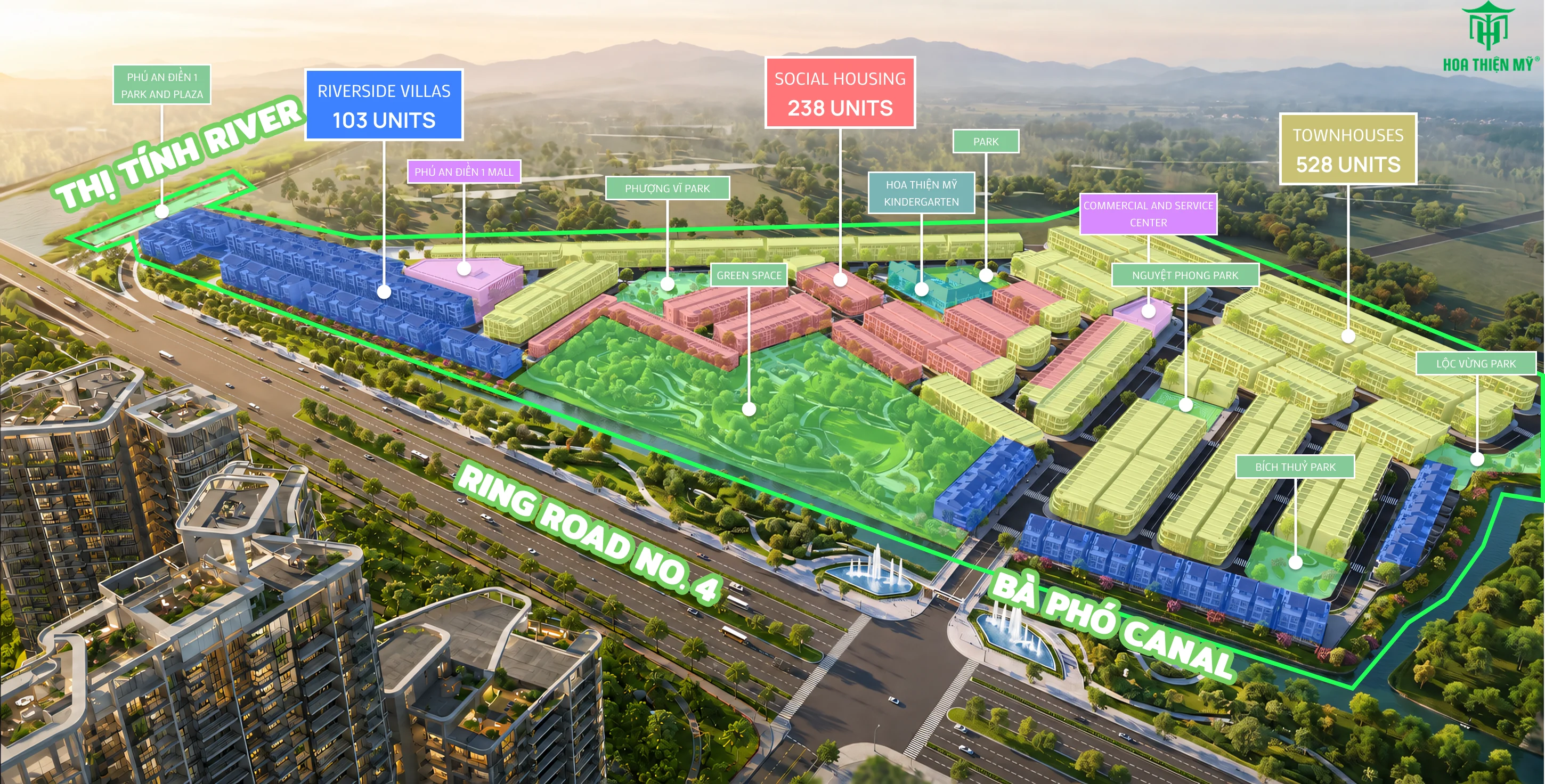 Parkland, greenery and Ba Pho Creek in the Phu An Dien 1 master plan